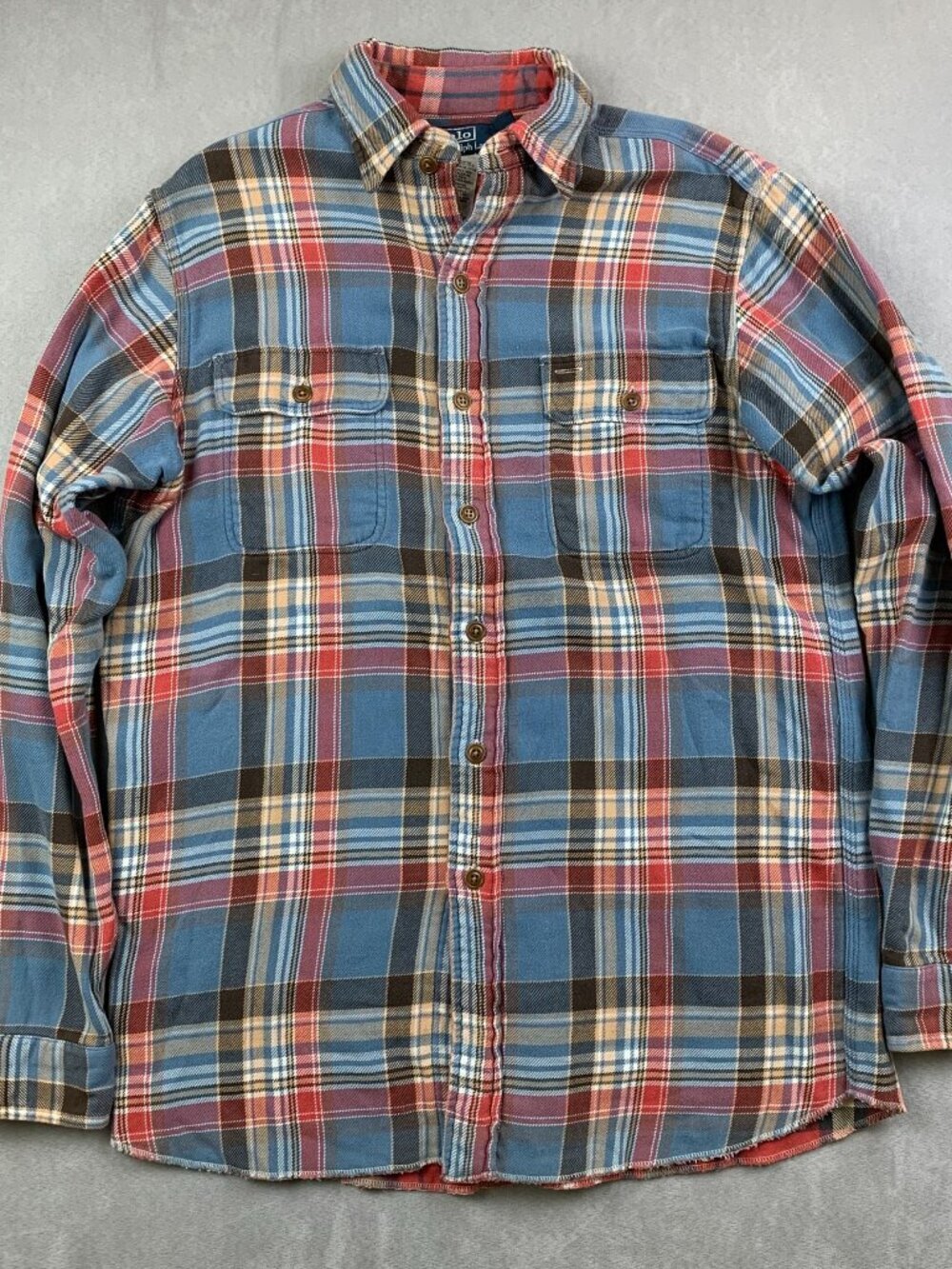 Ralph Lauren Polo Men Work Shirt Medium Blue Plaid Flannel Button Up Long Sleeve